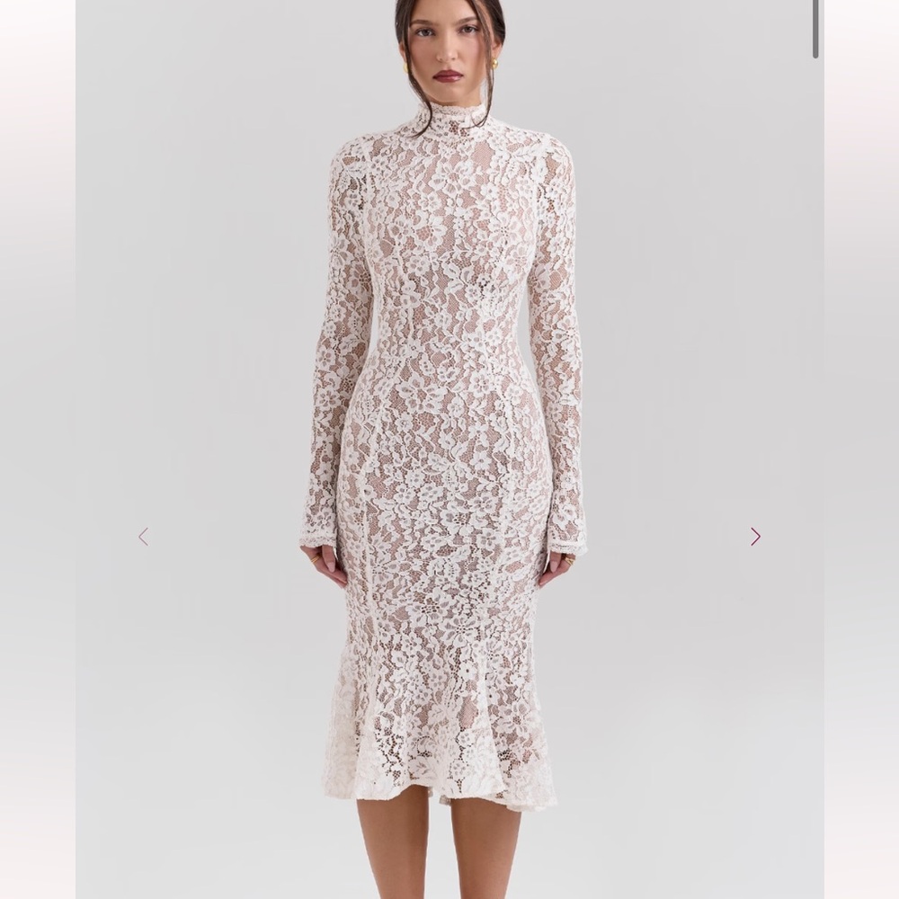 House of CB Sophia Elegant Lace High-Neck Dress in Cream